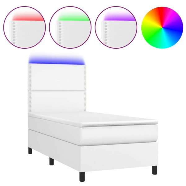 Pat cu arcuri, saltea și LED, alb, 90×190 cm, piele ecologică