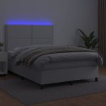 Pat box spring cu saltea, alb, 140×190 cm, piele ecologică