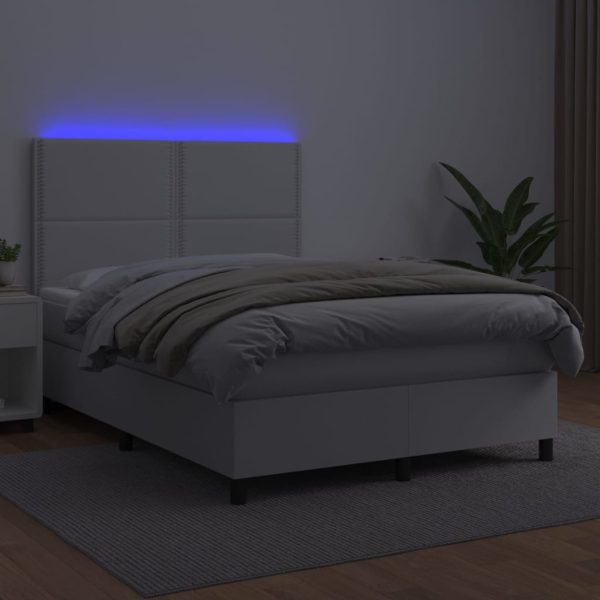 Pat box spring cu saltea, alb, 140×190 cm, piele ecologică