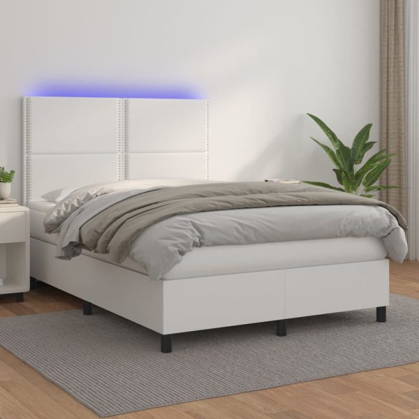 Pat box spring cu saltea, alb, 140×190 cm, piele ecologică