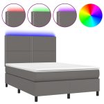 Pat cu arcuri, saltea și LED, gri, 140×200 cm, piele eco