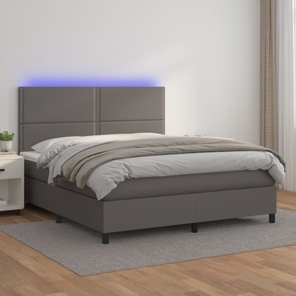 Pat cu arcuri, saltea și LED, gri, 140×200 cm, piele eco
