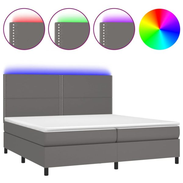 Pat cu arcuri, saltea și LED, gri, 200×200 cm, piele ecologică