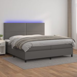 Pat cu arcuri, saltea și LED, gri, 200×200 cm, piele ecologică