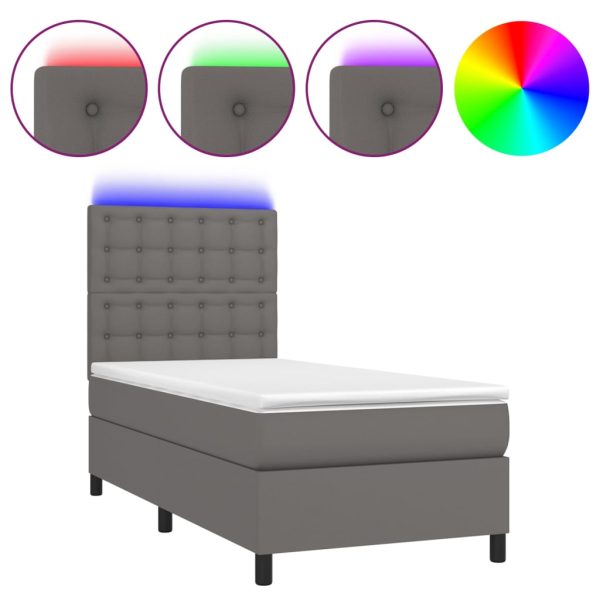 Pat continental cu saltea și LED, gri, 80×200 cm, piele eco