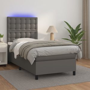Pat continental cu saltea și LED, gri, 80×200 cm, piele eco