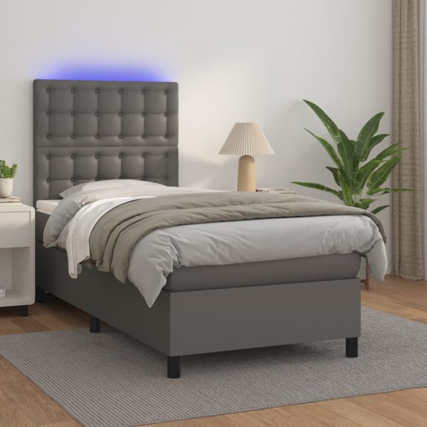 Pat continental cu saltea și LED, gri, 80×200 cm, piele eco