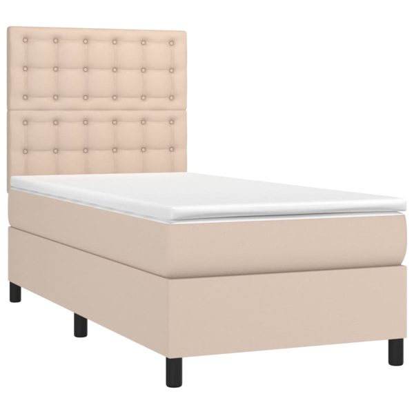 Pat cu arcuri, saltea și LED, cappuccino, 90x200cm, piele eco
