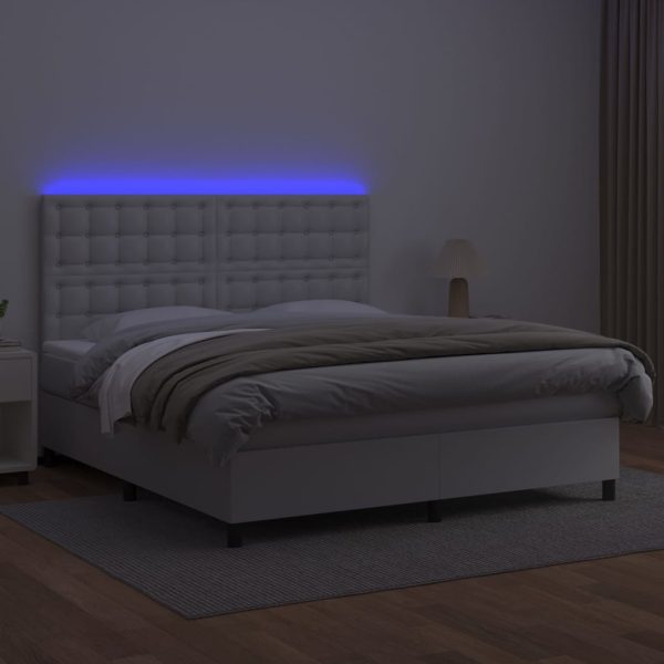 Pat cu arcuri, saltea și LED, alb, 180×200 cm, piele ecologică