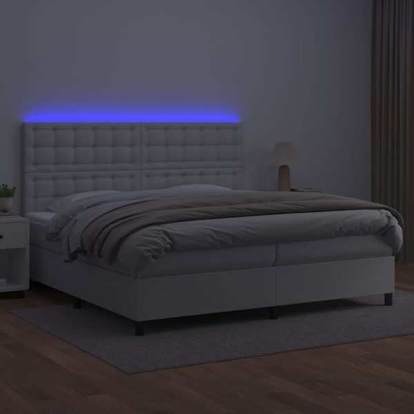 Pat cu arcuri, saltea și LED, alb, 200×200 cm, piele ecologică