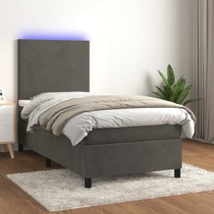 Pat continental cu saltea și LED, gri închis, 80×200 cm catifea