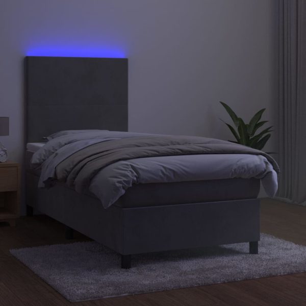 Pat cu arcuri, saltea și LED, gri deschis, 100×200 cm, catifea