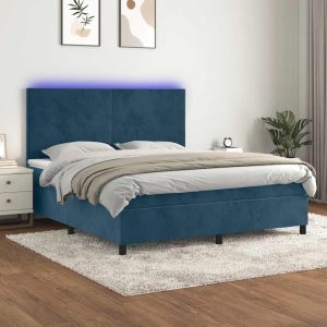 Pat cu arcuri, saltea și LED, bleumarin, 160×200 cm, catifea