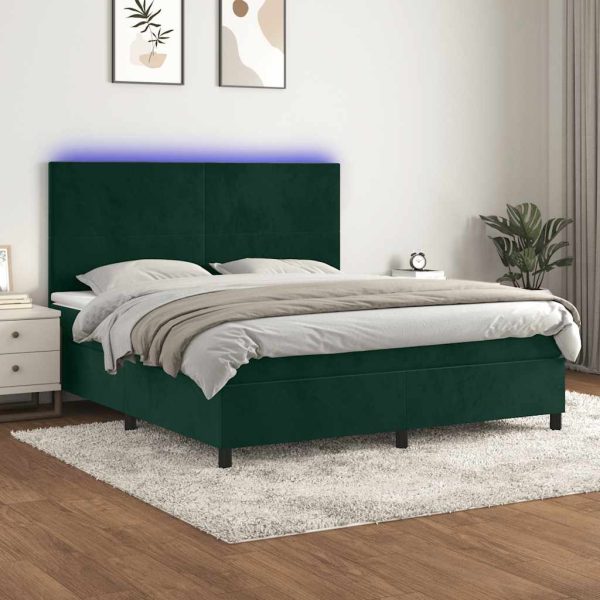 Pat cu arcuri, saltea și LED, verde închis, 180×200 cm, catifea