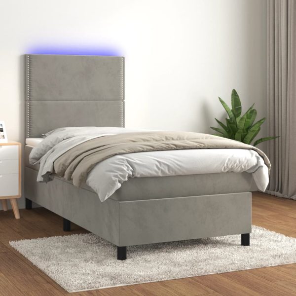 Pat continental cu saltea & LED, gri deschis, 80×200 cm catifea