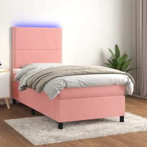 Pat continental cu saltea & LED, roz, 80×200 cm, catifea