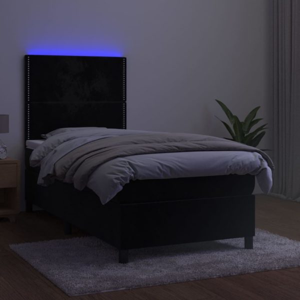 Pat cu arcuri, saltea și LED, negru, 90×200 cm, catifea