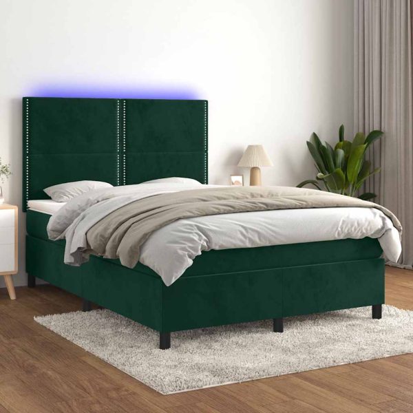 Pat cu arcuri, saltea și LED, verde închis, 140×190 cm, catifea