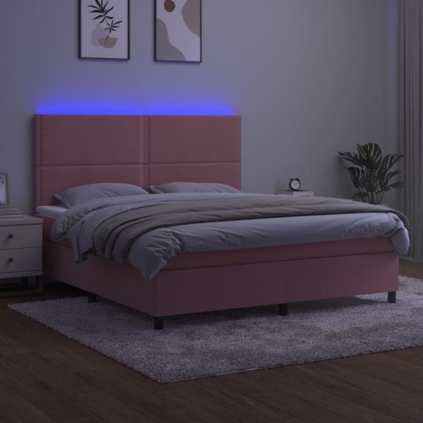 Pat continental cu saltea & LED, roz, 120×200 cm, catifea