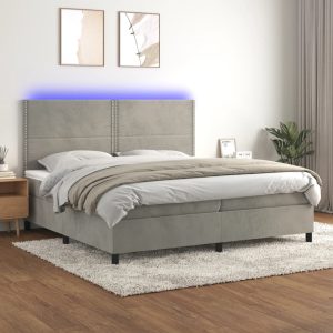 Pat cu arcuri, saltea și LED, gri deschis, 200×200 cm, catifea