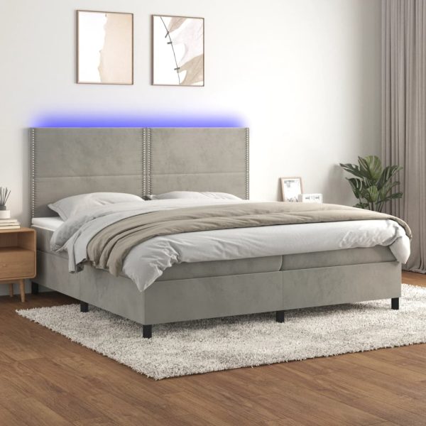 Pat cu arcuri, saltea și LED, gri deschis, 200×200 cm, catifea
