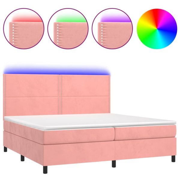 Pat continental cu saltea & LED, roz, 200×200 cm, catifea