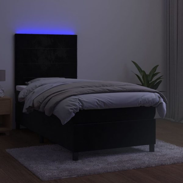 Pat cu arcuri, saltea și LED, negru, 90×190 cm, catifea