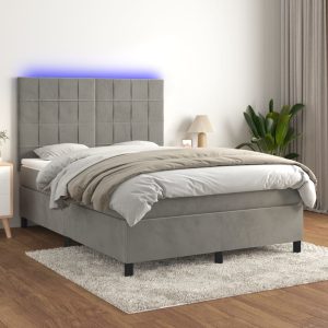 Pat continental cu saltea și LED gri deschis 140×190 cm catifea