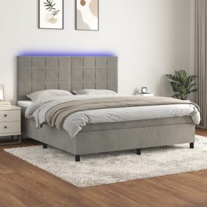 Pat cu arcuri, saltea și LED, gri deschis, 160×200 cm, catifea
