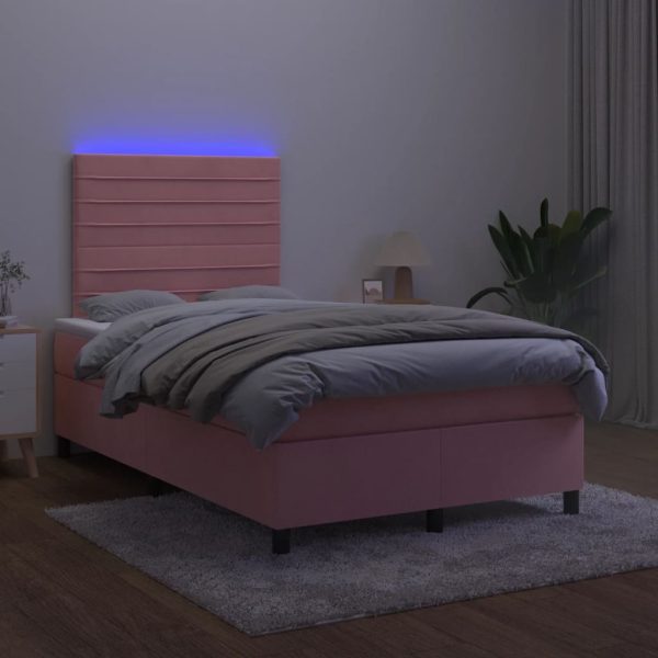Pat continental cu saltea & LED, roz, 120×200 cm, catifea