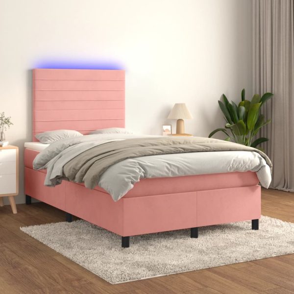 Pat continental cu saltea & LED, roz, 120×200 cm, catifea