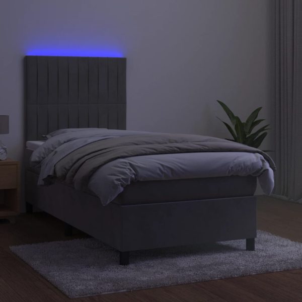 Pat cu arcuri, saltea și LED, gri deschis, 90×200 cm, catifea