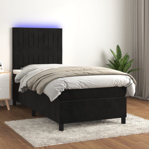 Pat cu arcuri, saltea și LED, negru, 90×200 cm, catifea