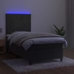 Pat cu arcuri, saltea și LED, gri închis, 100×200 cm, catifea