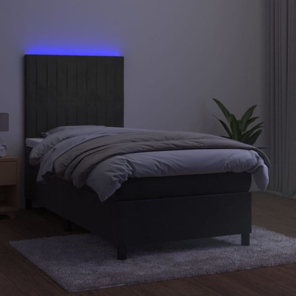 Pat cu arcuri, saltea și LED, gri închis, 100×200 cm, catifea