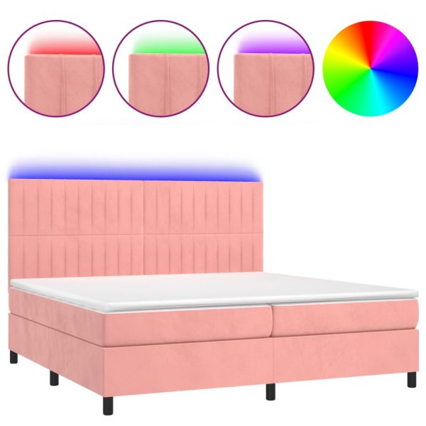 Pat continental cu saltea & LED, roz, 200×200 cm, catifea