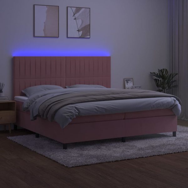 Pat continental cu saltea & LED, roz, 200×200 cm, catifea