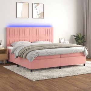 Pat continental cu saltea & LED, roz, 200×200 cm, catifea