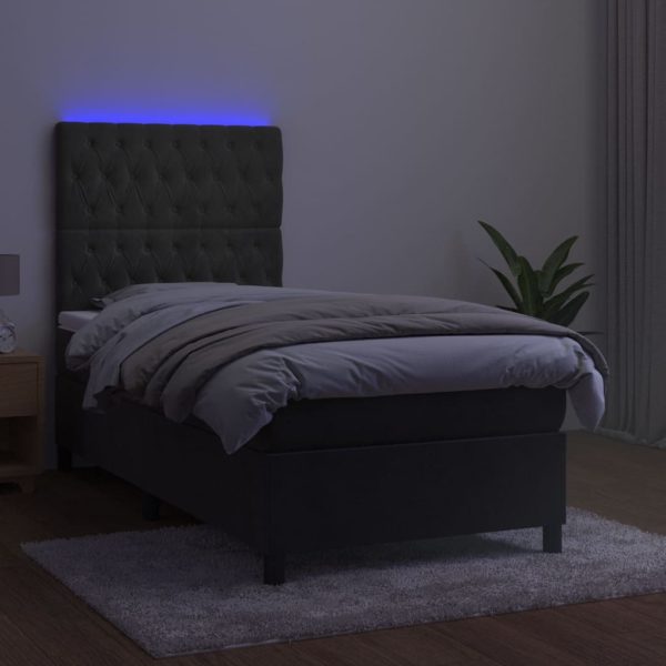 Pat cu arcuri, saltea și LED, gri închis, 90×200 cm, catifea