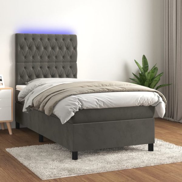 Pat cu arcuri, saltea și LED, gri închis, 90×200 cm, catifea