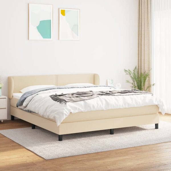 Pat box spring cu saltea, crem, 160×200 cm, material textil