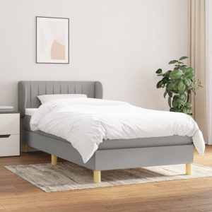 Pat box spring cu saltea, gri deschis, 90×200 cm, textil