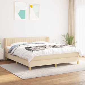 Pat box spring cu saltea, crem, 160×200 cm, material textil