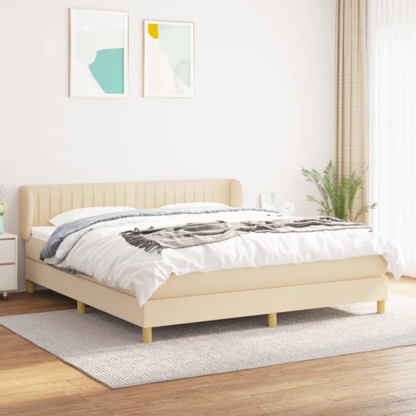 Pat box spring cu saltea, crem, 160×200 cm, material textil