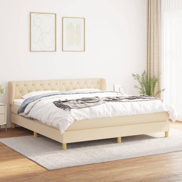 Pat box spring cu saltea, crem, 160×200 cm, material textil