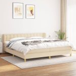 Pat box spring cu saltea, crem, 200×200 cm, textil