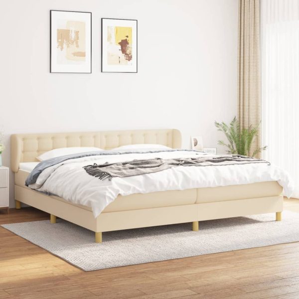 Pat box spring cu saltea, crem, 200×200 cm, textil