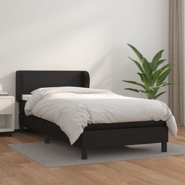 Pat box spring cu saltea, negru, 90×190 cm, piele ecologică