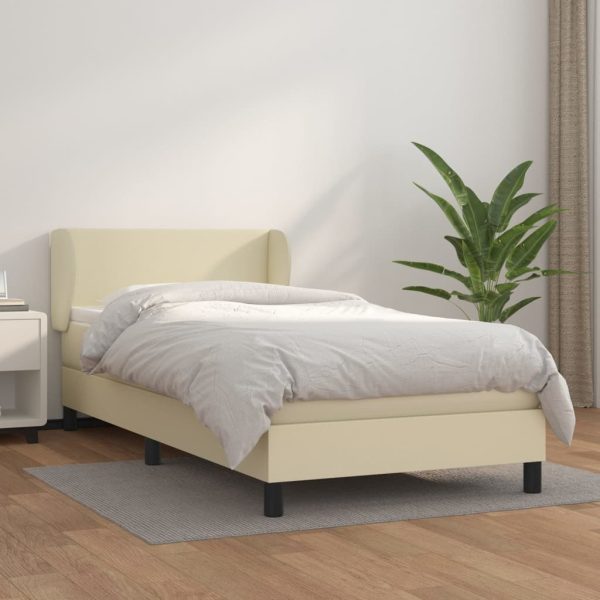Pat box spring cu saltea, crem, 100×200 cm, piele ecologică