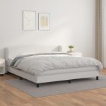 Pat box spring cu saltea, alb, 180×200 cm, piele ecologică